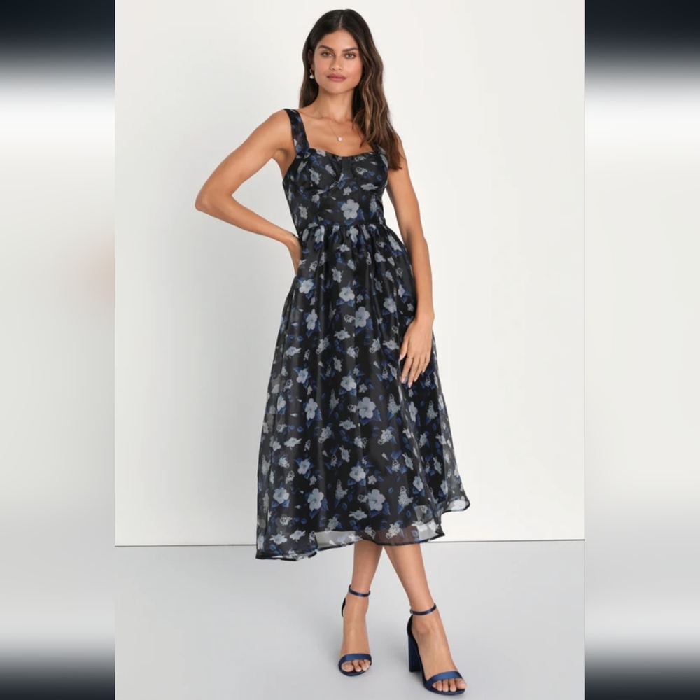 Lulus | Delightful Look Black Floral Print Bustier Midi Skater Dress | Large
